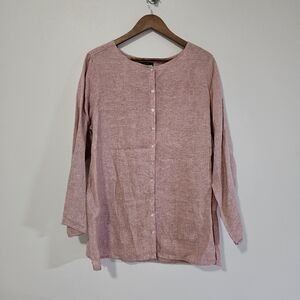 Tahari 100% Linen Shirt‎ Top Plus Size 1X Boxy Button Up Roll Tab Sleeves